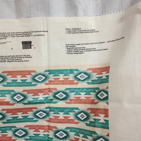 "Little Deer" Indian Doll Southwestern Cut&Sew Craft Fabric Panel TURQUOISE VTG! - Picture 4 of 12